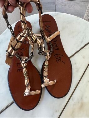LANVIN metallic Rose Gold Braided T-Strap Women's Sandals